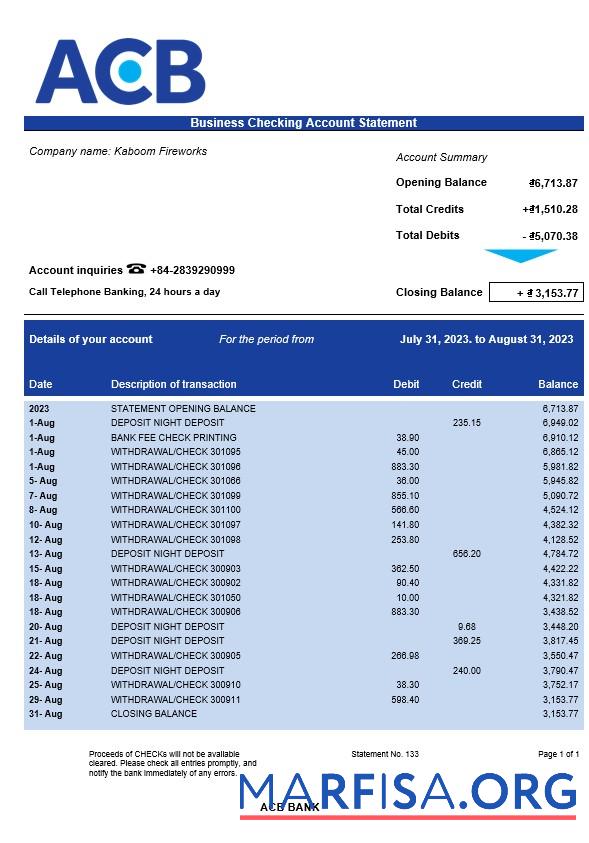 Blank ACB Bank firm account statement Word and PDF template